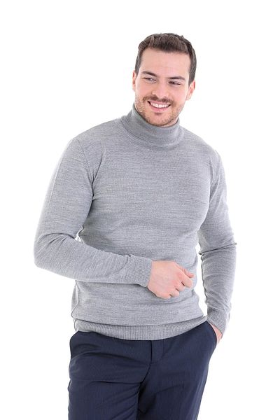 Hatemoğlu Γκρι Comfort Fit Απλό μάλλινο πλεκτό πουλόβερ με λαιμόκοψη