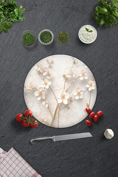 Decorita Glass Cutting Board - Glass Cutting Board |   White Flower - Gold |   Diameter32Cm