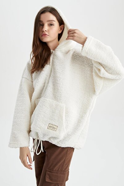 DeFacto Плюшен суитшърт тип кенгуру с качулка и половин цип