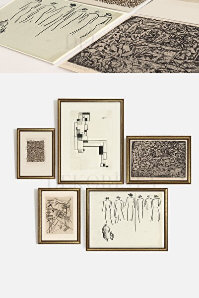 HOME DEKORİSTA Çerçeveli Vintage 5'li Tablo Seti, Galeri Duvarı, Sanatsal Bas...