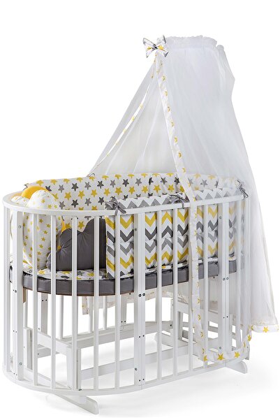 Bamgidoo Ahşap Beşik (BEBEĞİNİZ İLE BÜYÜYEN BEŞİK) Beyaz Sarı Yıldız Uyku Seti Yatak Tekerlekli