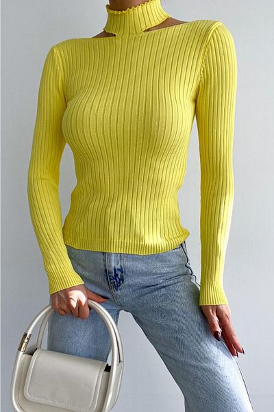 FEMELLE Women's Yellow New Season Collar Detailed Standard Size Ribbed Fisherman Knitwear Sweatshirt