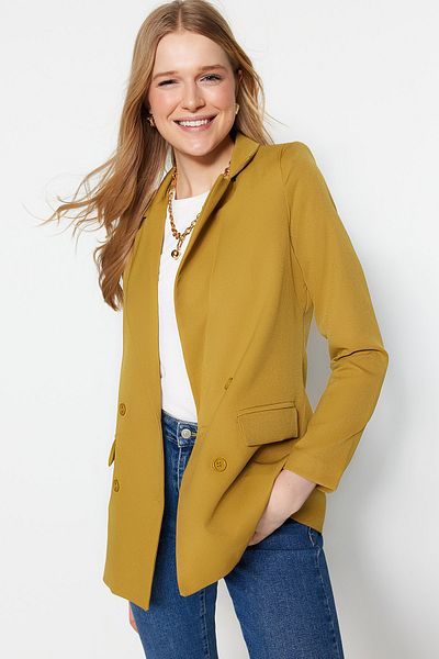 Trendyol Collection Ανοιχτό καφέ κανονική επένδυση με διπλό στήθος με κουμπί κλεισίματος Λεπτομερές υφαντό σακάκι TWOAW21CE0264