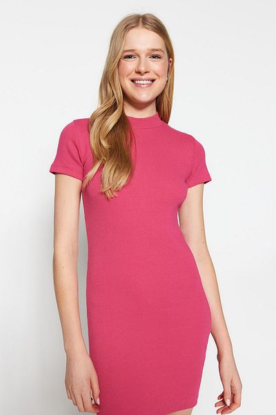 Trendyol Collection Fuchsia Short Sleeve Crew Neck Mini Ribbed Stretchy Knitted Pencil Dress TWOSS22EL2822