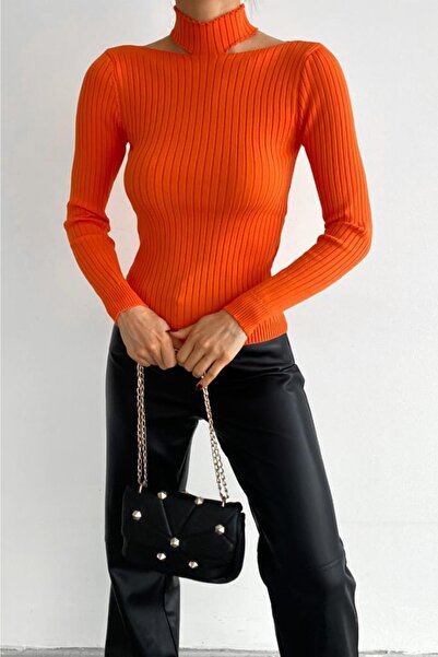 FEMELLE Women's Orange New Season Collar Detailed Standard Size Ribbed Fisherman Knitwear Sweater