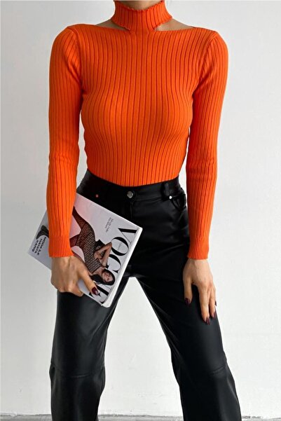 FEMELLE Women's Orange New Season Collar Detailed Standard Size Ribbed Fisherman Knitwear Sweater