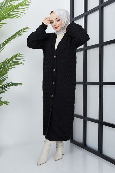 Pamuk Butik Γυναικεία Πλεκτή Ζακέτα Πλεκτή Μαύρη Καλάθι Ολόσωμη Ζακέτα