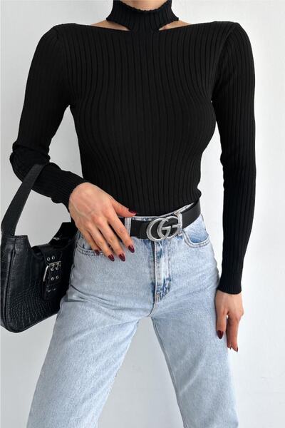 FEMELLE Women's Black New Season Collar Detailed Standard Size Ribbed Fisherman Knitwear Sweater