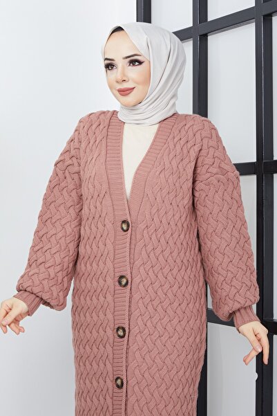 Pamuk Butik Women's Dusty Rose Basket Knit Buttoned Full Length Knitwear Cardigan