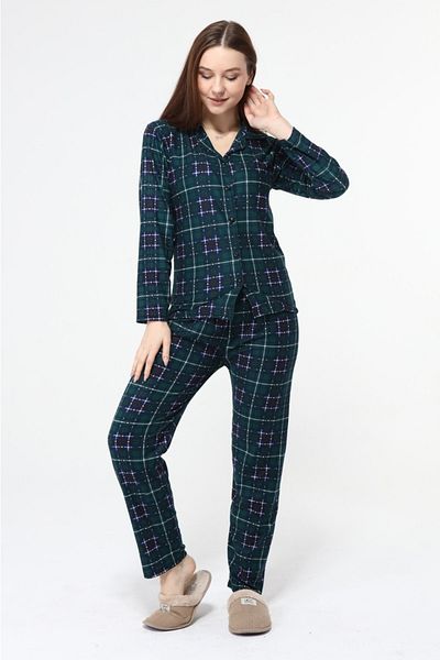 Nehir tekstil Set de pijamale pentru femei, din piele intoarsa, cu nasturi in fata