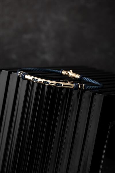 Uşaklıhafız 1945 14 Ayar Altın Lacivert Çelik Silindir Detaylı Erkek Bileklik