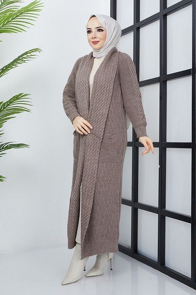 Pamuk Butik Γυναικεία Καφέ Σάλι Γιακάς Πλεκτή Λεπτομερής Πλεκτή Ζακέτα με Τσέπη