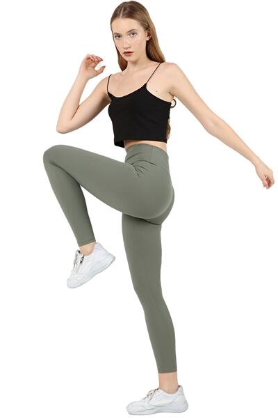 VOSSAX Women's Ribbed High Waist Gathering Khaki Leggings with Fleece Inside