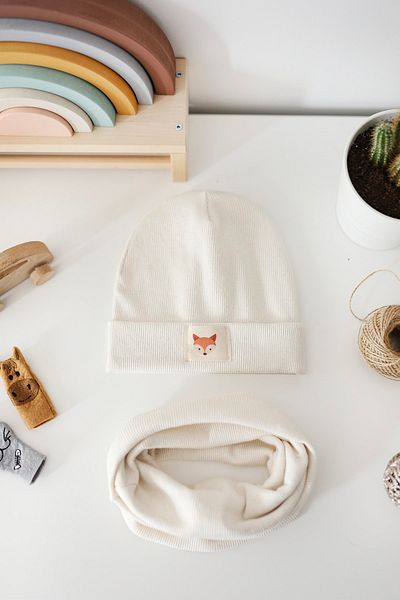 Doğan Collection Ecru Fox Rib Labeled Beanie Neck Collar Set