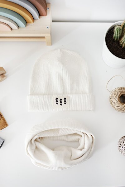 Doğan Collection Ecru Tree Rib Labeled Beanie Neck Collar Set