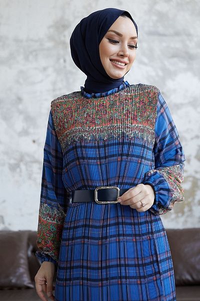 InStyle Φόρεμα σιφόν με καρό σχέδιο Lunya - Indigo