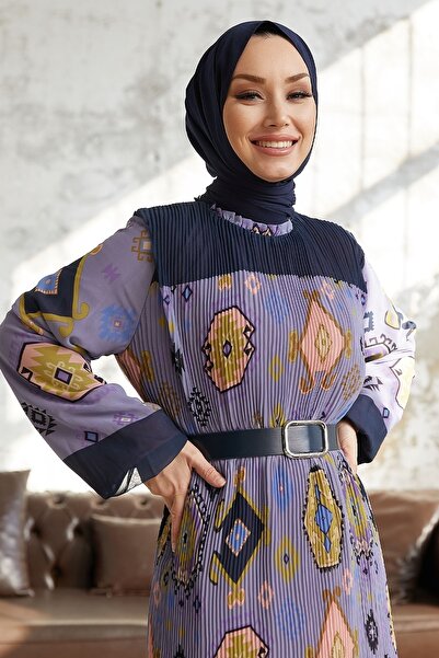 InStyle Viona Pattern Belted Pleated Dress - Purple