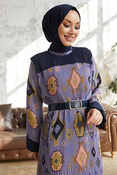 InStyle Viona Pattern Belted Pleated Dress - Purple