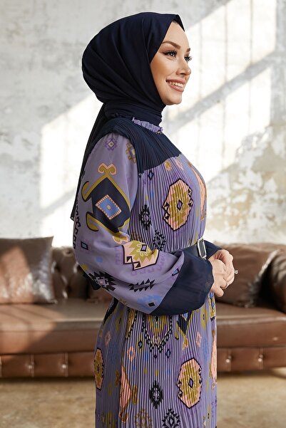 InStyle Viona Pattern Belted Pleated Dress - Purple