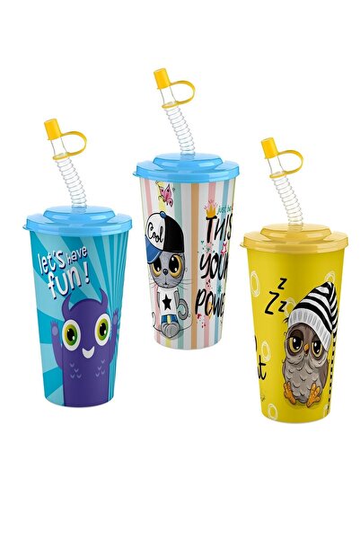 Hayveys كوب مشروبات للأطفال منقوش بغطاء وقش سعة 650 مل