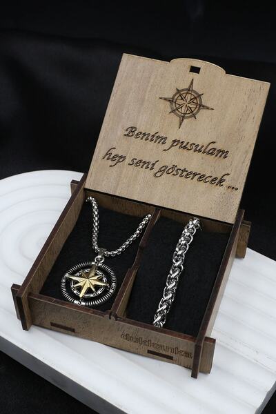 Dukkanka 2'li Pusula Kolye Ve Angelus Bileklik Yazılı Özel Ahşap Hediye Kutulu