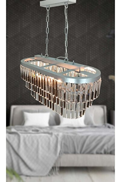 MATMAZEL AKSESUAR Nilsa Slver 70x30 Cm'lik Kristal Cam Taşlı Yemek Masası Üstü Lüks Avize