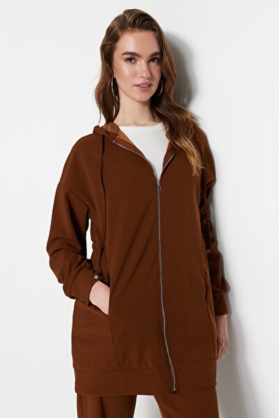Trendyol Modest Oversize Καφέ Ζακέτα με κουκούλα και πλεκτή αθλητική φόρμα - TCTSS21EM0091 με φερμουάρ