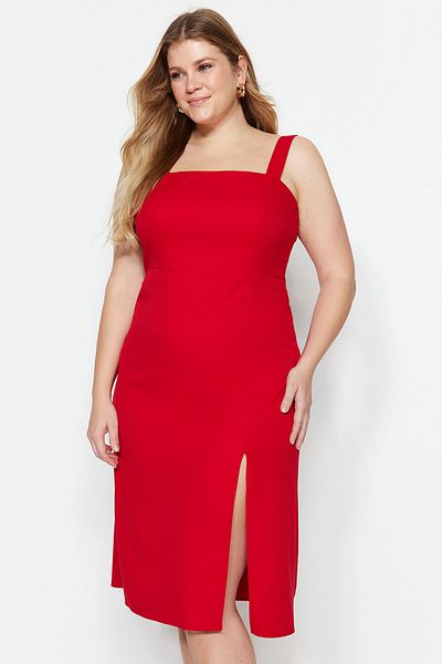 Trendyol Curve Red Square Collar Summer Midi Dress - Thick Sling and Slit TBBSS22AH0202