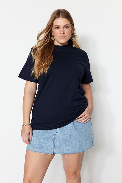Trendyol Curve 100% pamut sötétkék Boyfriend póló - bordás gallér TBBSS23BF00019