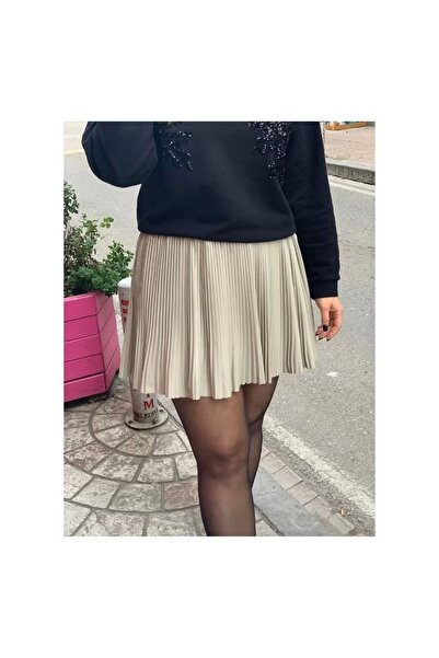 Nagihan Yeşilyurt Bej Deri Fileli Etek