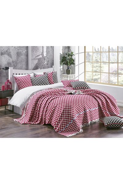 KARAKRAL 100% Cotton Jacquard Checkerboard Patterned Red Double Pique 220X240 cm