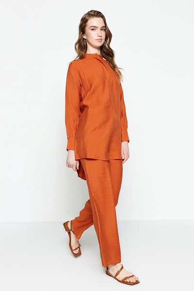 Trendyol Modest Σετ υφαντό υφασμένο τούνικ-παντελόνι κανέλα, μισό κρυφό πατιλέτο με λεπτομέρειες TCTSS22US0098
