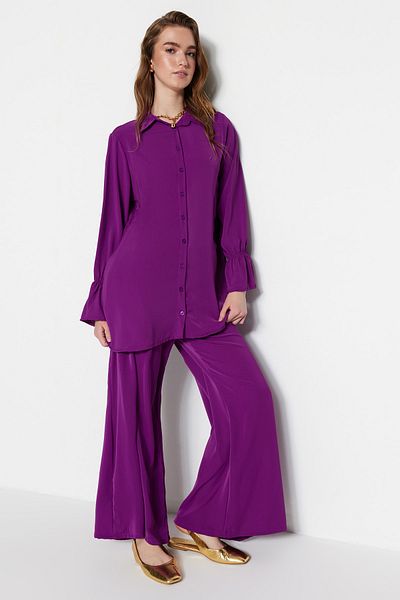 Trendyol Modest Lila, széles szárú szőtt aerobin ing-nadrág szett TCTSS23US00045