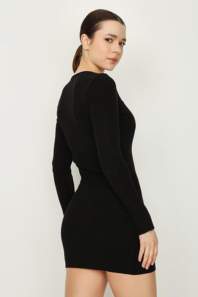 Select Moda Γυναικείο πλεκτό φόρεμα μαύρο με V λαιμόκοψη