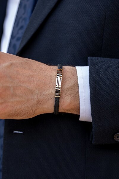 Uşaklıhafız 1945 14 Ayar Altın Siyah Deri Görünümlü Kauçuk Kordonlu Erkek Bileklik