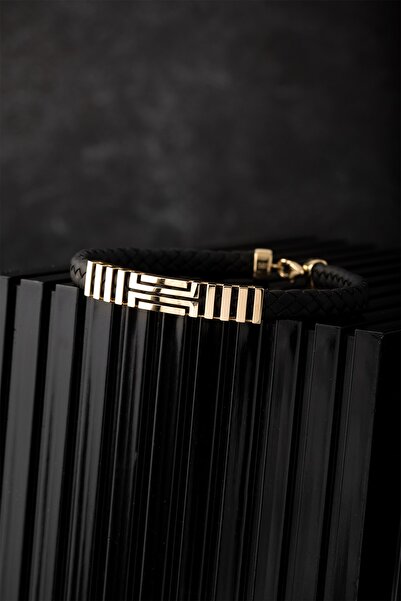 Uşaklıhafız 1945 14 Ayar Altın Siyah Deri Görünümlü Kauçuk Kordonlu Erkek Bileklik