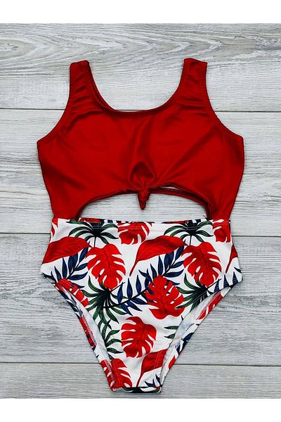 My Kids Wear Girl's Back Detailed Front Tie Patterned Swimsuit
