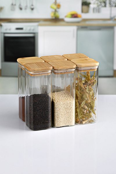 Karçiçeği Home 6-Piece Square 500 ml Glass Spice Rack Dragelic Jar with Bamboo Lid