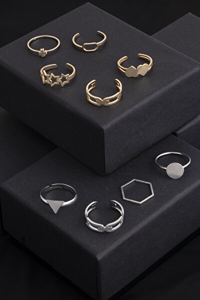 Sortie Aksesuar مجموعة حلقات مكونة من 9 قطع قابلة للتعديل مع أشكال البرسيم والقلب والنجوم 010