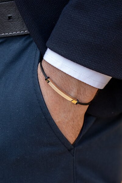 Cenova Jewelry 14 Ayar Altın Siyah Örme Çelik Erkek Bileklik