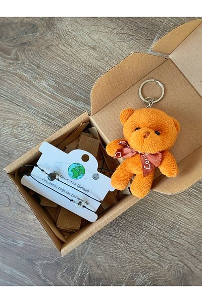 Atölye Merdiven Valentine's Day Gift Set Natural Stone and Teddy Bear Keychain Bracelet Set