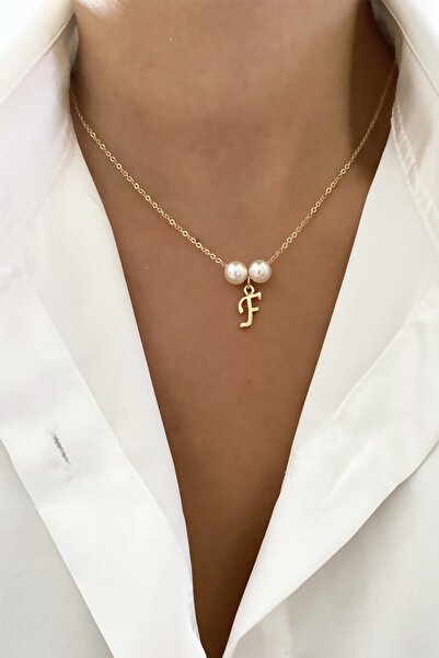 Asia by Leuvoié قلادة حرف F مع تفاصيل اللؤلؤ