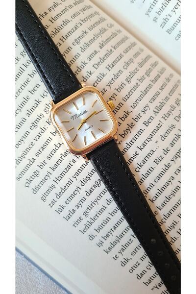 Marlas ساعة يد نسائية ريترو، تصميم عتيق، تصميم بسيط، حزام أسود ذهبي اللون