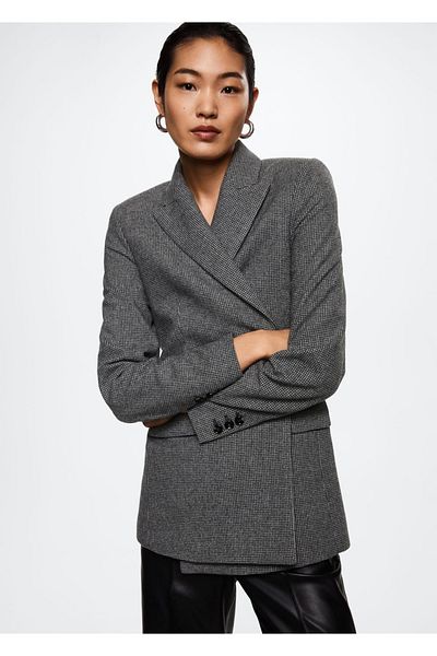 MANGO Woman Houndstooth Patterned Woolen Blazer Jacket