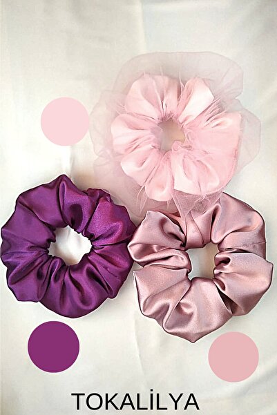 TOKALİLYA Kadın Lastikli Simit Saten Tüllü Pastel Pembe Mor Gül Kurusu Scrunc...
