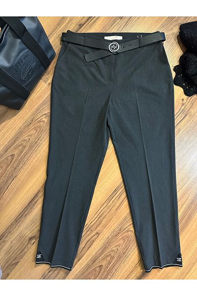 ButikEtiler Women's Gray Belted Pocket Leg Detailed Classic Large Size Trousers