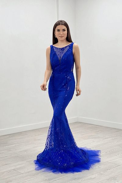 giyimmasalı Sequin Fabric Skirt Tulle Detailed Dress - Saks Blue