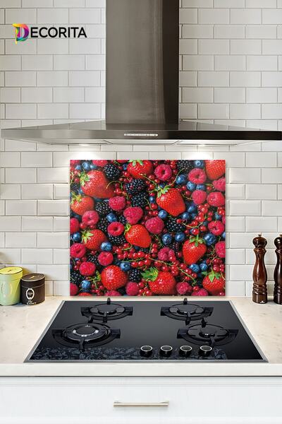 Decorita Cam Ocak Arkası Koruyucu | Mor Ve Kırmızı Meyveler | 52cm X 60cm