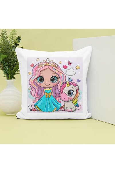 Hediye Molası Unicorn Ve Prenses Tasarımlı Baskılı Dekoratif Yastık