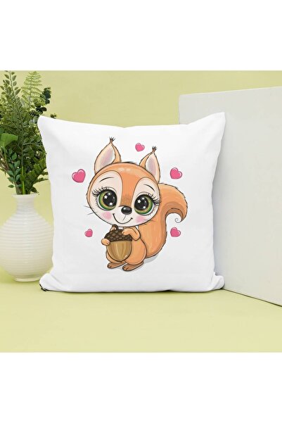 Hediye Molası Ponçik Sincap Tasarımlı Baskılı Dekoratif Yastık